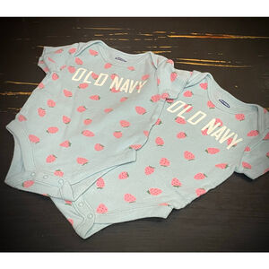 Old Navy Bodysuits 3-6 Months Light Blue Pink Strawberry twin girls matching